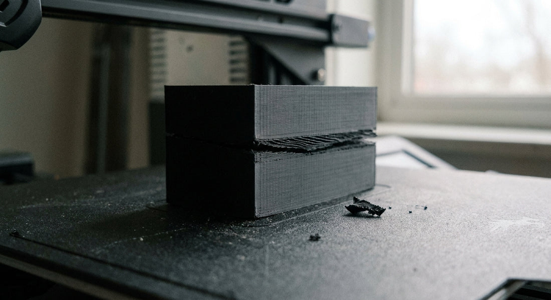Czarny wydruk 3D pęknięty wzdłuż linii warstwy — widoczne rozwarstwienie na przekroju