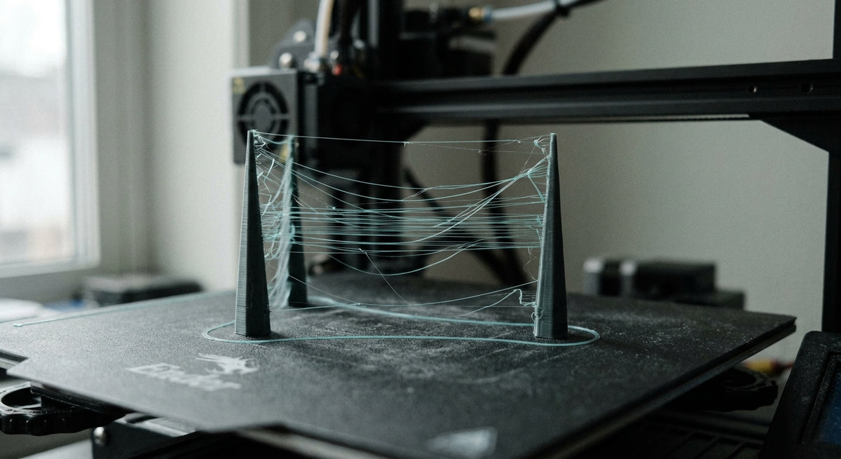 Stringing w druku 3D — cienkie nitki filamentu rozpięte między dwiema wieżami testowymi