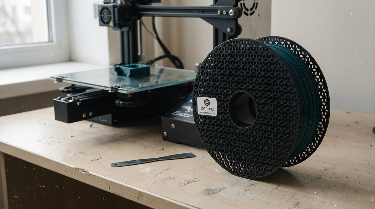 Drukarka 3D z podgrzewanym stołem i szpulą filamentu — temperatury: PLA 50–60 °C, PETG 70–80 °C, ABS/ASA 90–110 °C.