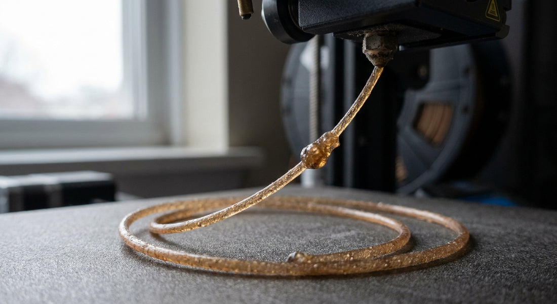 Zawilgocony filament PETG — chropowata, pęcherzykowata powierzchnia świeżo wytłoczonej żyłki