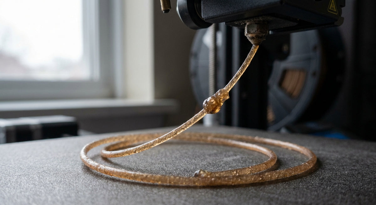 Zawilgocony filament PETG — chropowata, pęcherzykowata powierzchnia świeżo wytłoczonej żyłki