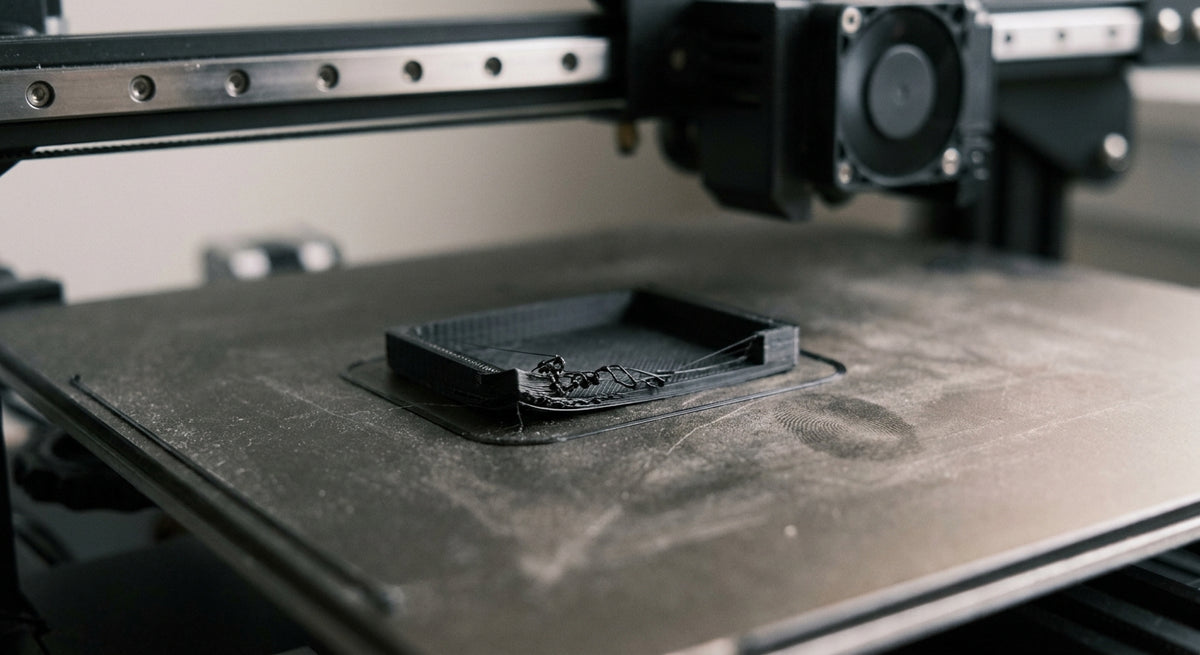 Wydruk 3D z odklejoną pierwszą warstwą na stole drukarki — typowy problem z przyczepnością